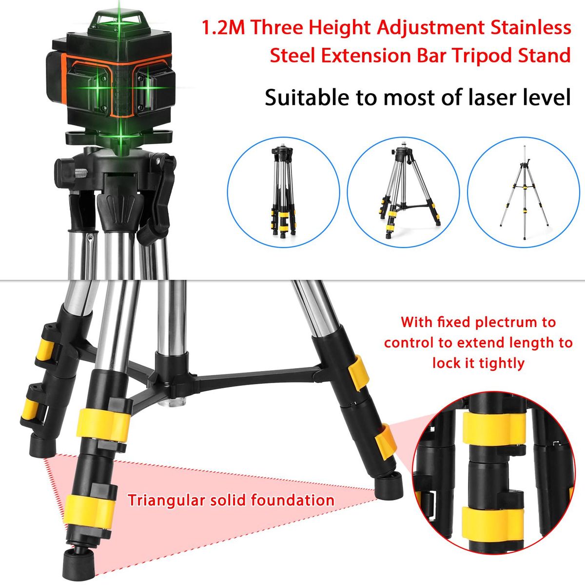 1.2M Three Height Adjustment Stainless Steel Extension Bar Tripod Stand For Laser Level with Bubble-level