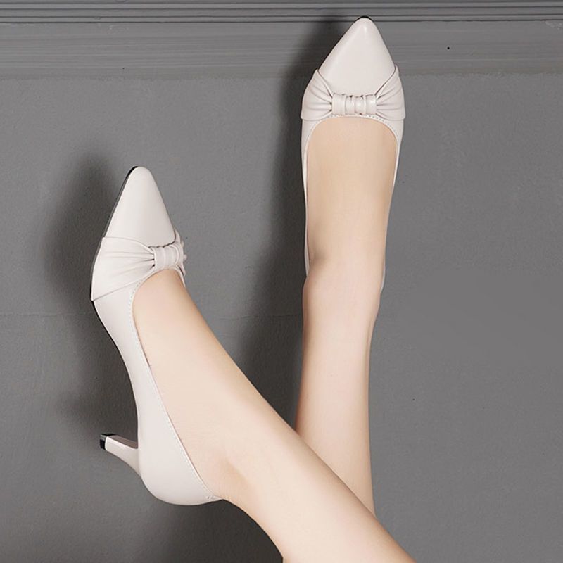 Office Ladies Leather Shoes Weddings High Heels -Beige