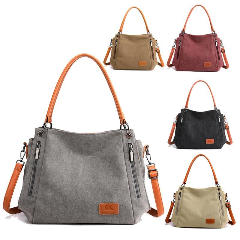 New Canvas Ladies Bag Shoulder Bag with Leather Diagonal Backpack Large Capacity Commuter Tote Bag Handbag Brown