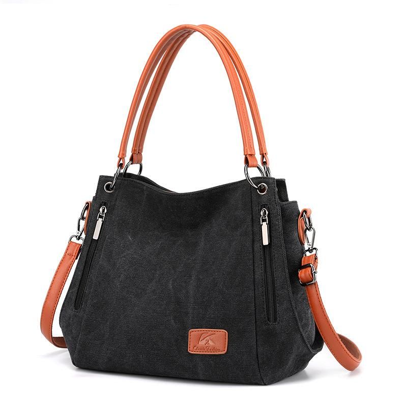 New Canvas Ladies Bag Shoulder Bag with Leather Diagonal Backpack Large Capacity Commuter Tote Bag Handbag Brown