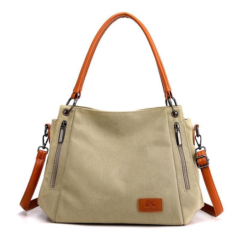 New Canvas Ladies Bag Shoulder Bag with Leather Diagonal Backpack Large Capacity Commuter Tote Bag Handbag Brown