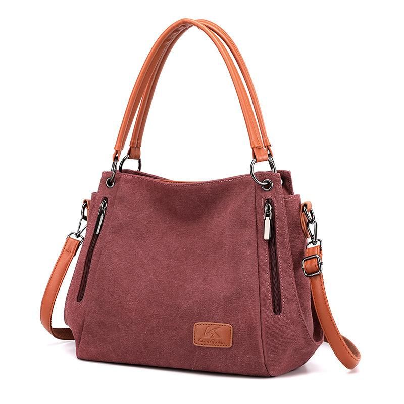 New Canvas Ladies Bag Shoulder Bag with Leather Diagonal Backpack Large Capacity Commuter Tote Bag Handbag Brown