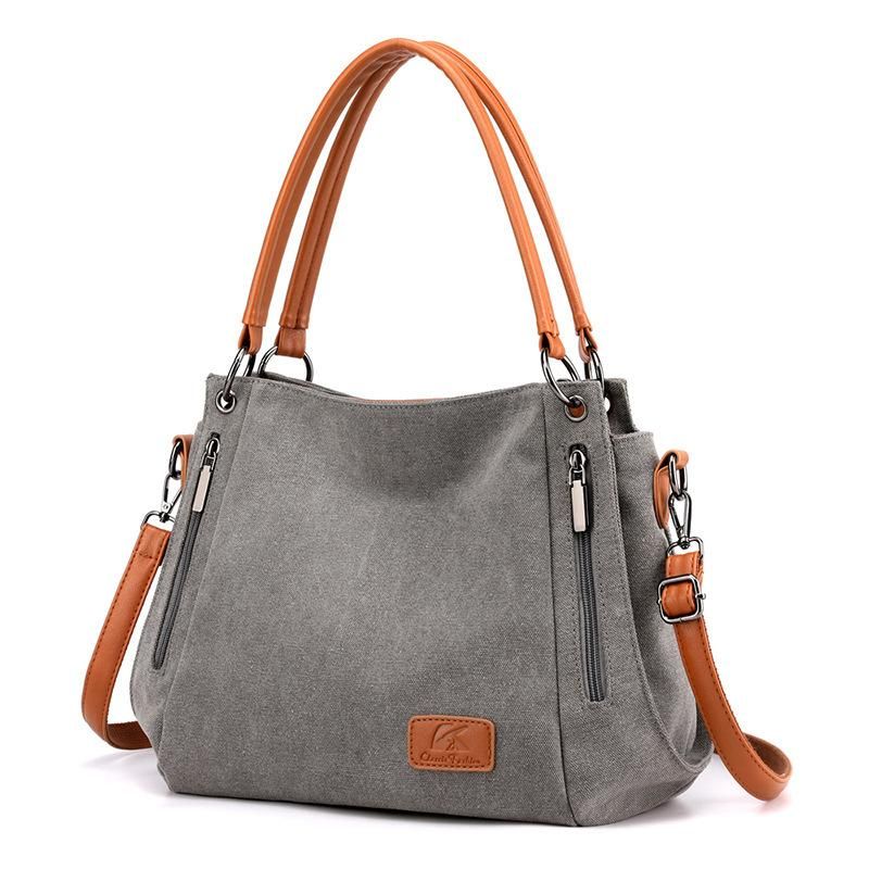 New Canvas Ladies Bag Shoulder Bag with Leather Diagonal Backpack Large Capacity Commuter Tote Bag Handbag Brown