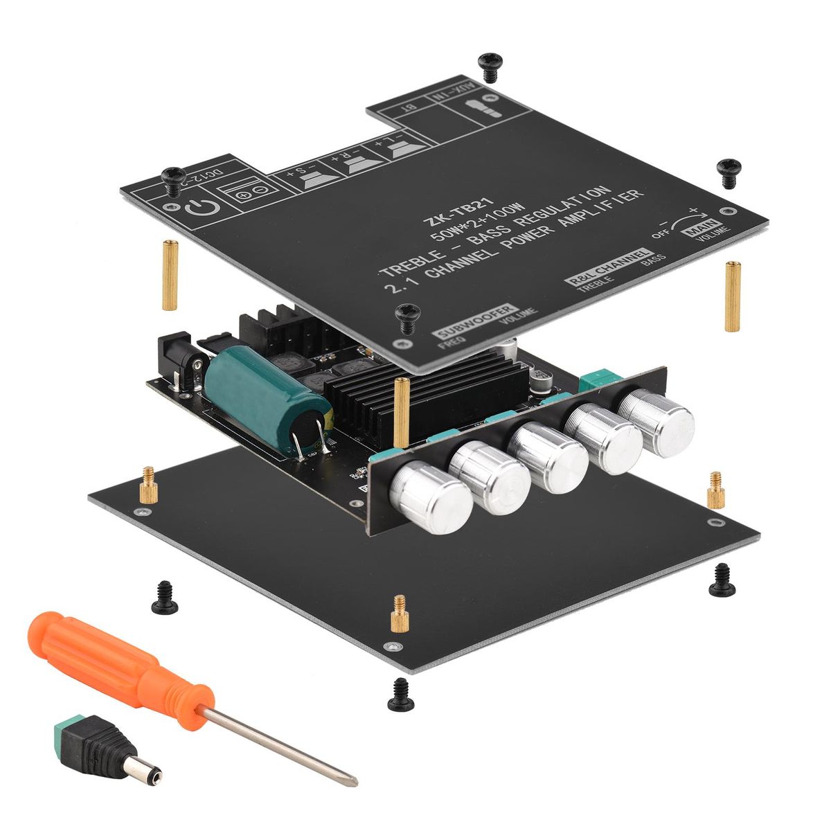 2.1 Channel Subwoofer Power Amplifier Module DIY Kit 50Wx2+100W Treble Bass Volume Control DC 12-24V BT Audio Amplifier Board Stereo Speaker Digital Amp for Audio System
