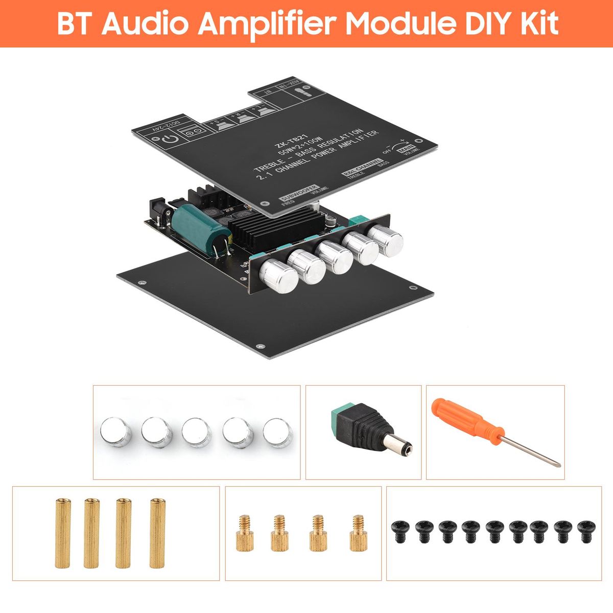 2.1 Channel Subwoofer Power Amplifier Module DIY Kit 50Wx2+100W Treble Bass Volume Control DC 12-24V BT Audio Amplifier Board Stereo Speaker Digital Amp for Audio System