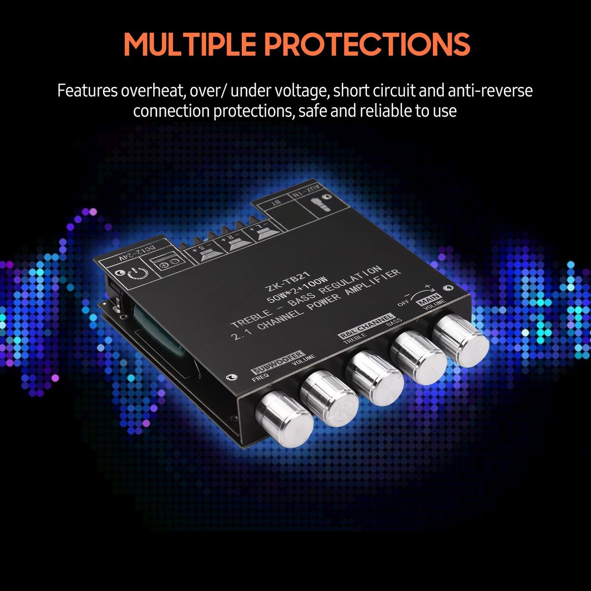 2.1 Channel Subwoofer Power Amplifier Module DIY Kit 50Wx2+100W Treble Bass Volume Control DC 12-24V BT Audio Amplifier Board Stereo Speaker Digital Amp for Audio System