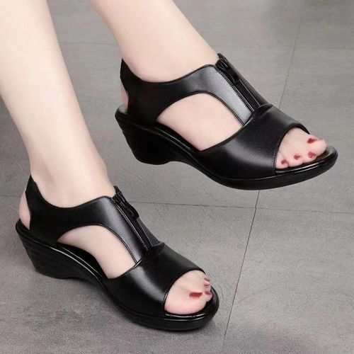 {MijaGrace}Women's Hollow Zipper Open Toe Fish Mouth Wedge Retro Sandals - BLACK