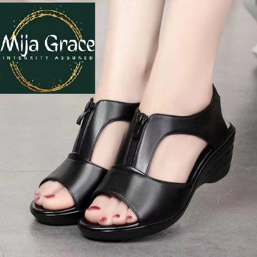 {MijaGrace}Women's Hollow Zipper Open Toe Fish Mouth Wedge Retro Sandals - BLACK