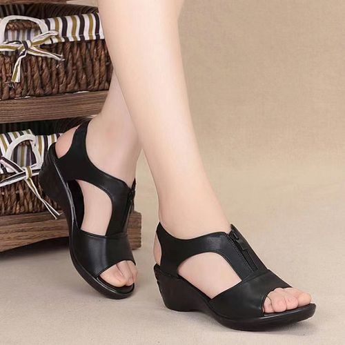 {MijaGrace}Women's Hollow Zipper Open Toe Fish Mouth Wedge Retro Sandals - BLACK