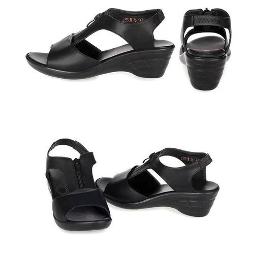 {MijaGrace}Women's Hollow Zipper Open Toe Fish Mouth Wedge Retro Sandals - BLACK