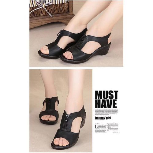 {MijaGrace}Women's Hollow Zipper Open Toe Fish Mouth Wedge Retro Sandals - BLACK