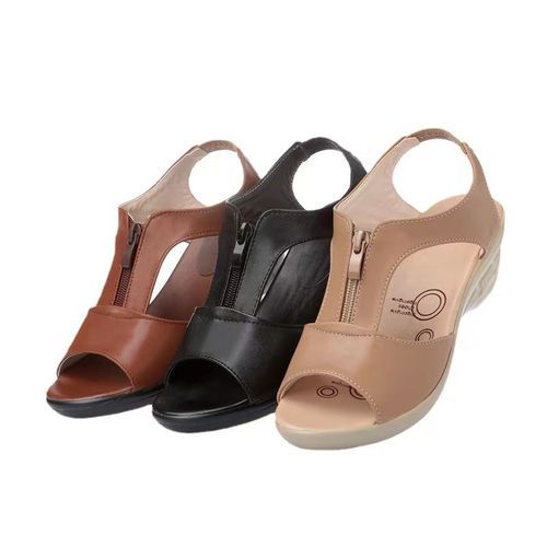 {MijaGrace}Women's Hollow Zipper Open Toe Fish Mouth Wedge Retro Sandals - BLACK