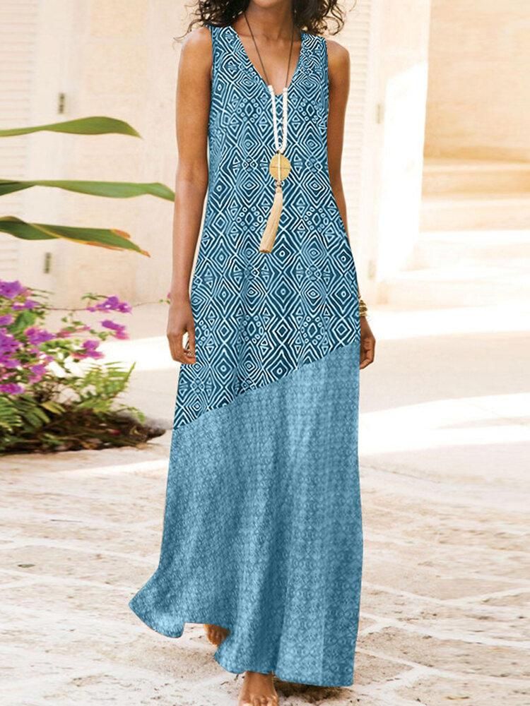 Leisure Geometry Pattern Patchwork V Neck Sleeveless Maxi Dress