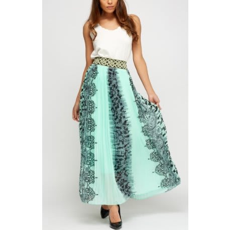 Pleated Print Maxi Skirt - Mint Green Multicolour