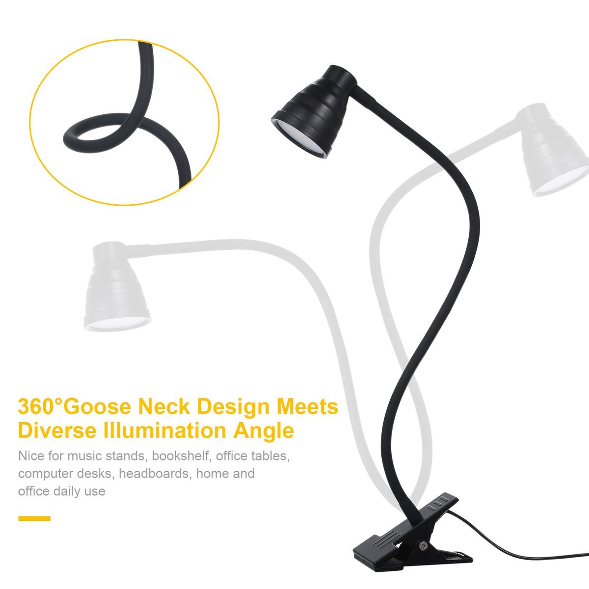 Tomshine 5W 24LEDs Table Desk Lamp Reading Beside Light Clamp CLip Lighting Fixture USB Powered Operated 3 Colors Mode Temperature Changing/ 10 Levels Dimmer Dimmable Adjustable Brightness Adjustment/ Memory Function/ 1 Min A