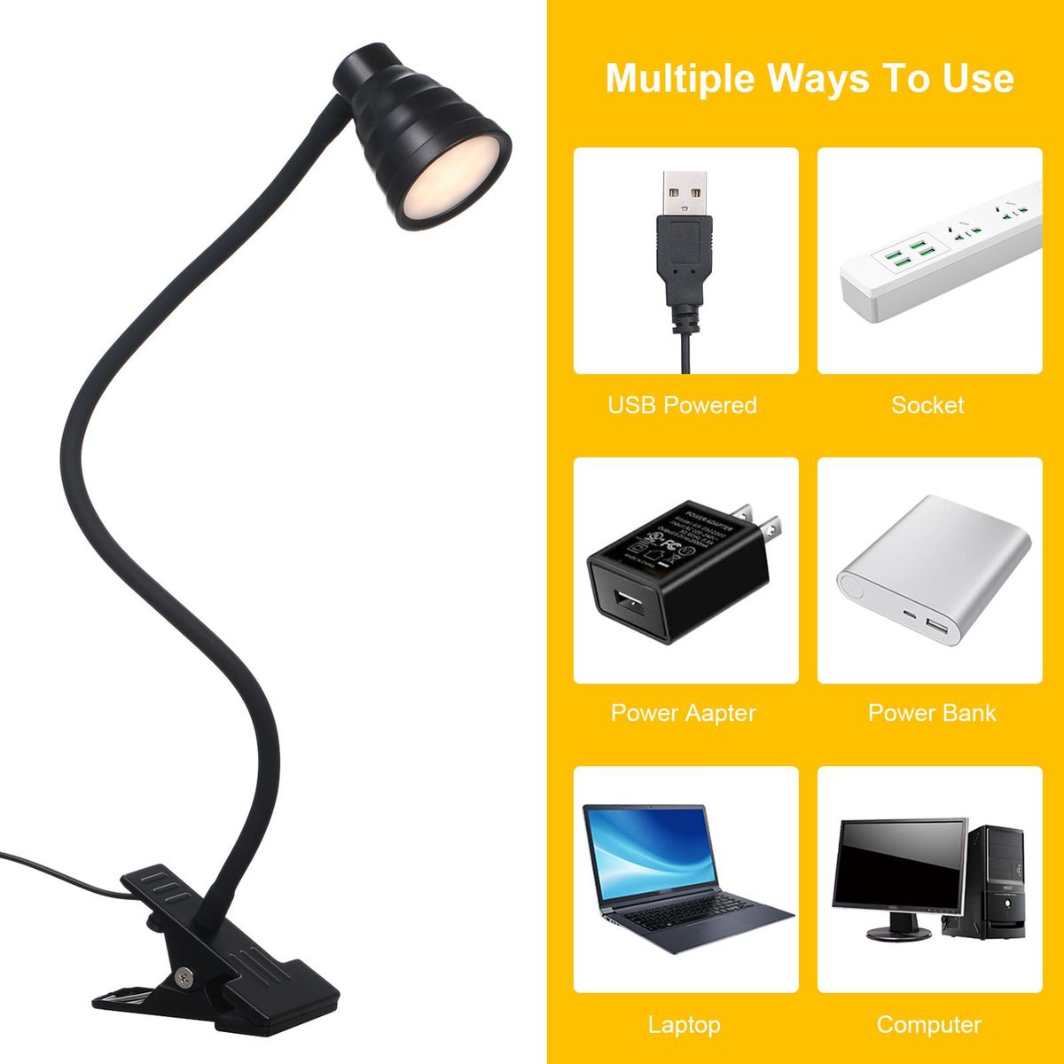 Tomshine 5W 24LEDs Table Desk Lamp Reading Beside Light Clamp CLip Lighting Fixture USB Powered Operated 3 Colors Mode Temperature Changing/ 10 Levels Dimmer Dimmable Adjustable Brightness Adjustment/ Memory Function/ 1 Min A