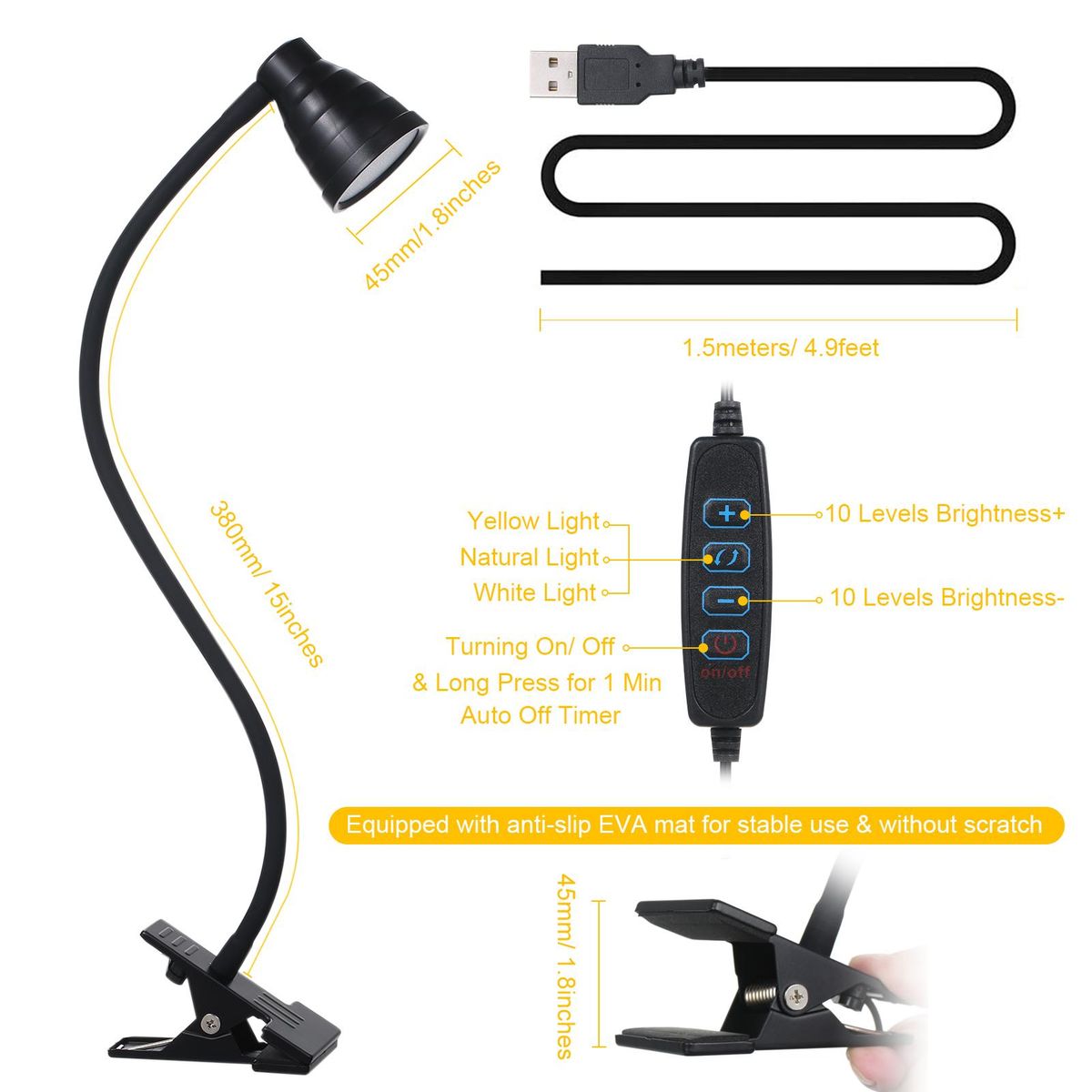 Tomshine 5W 24LEDs Table Desk Lamp Reading Beside Light Clamp CLip Lighting Fixture USB Powered Operated 3 Colors Mode Temperature Changing/ 10 Levels Dimmer Dimmable Adjustable Brightness Adjustment/ Memory Function/ 1 Min A