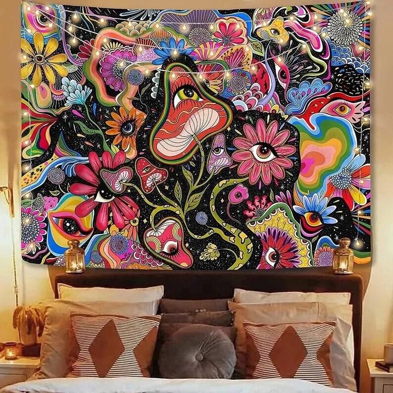 Colorful Hippy Eye Tapestry Trippy Tapestry Wall Hanging Psychedelic Mushroom Tapestries   Room Bedroom Home Party Wall Photo