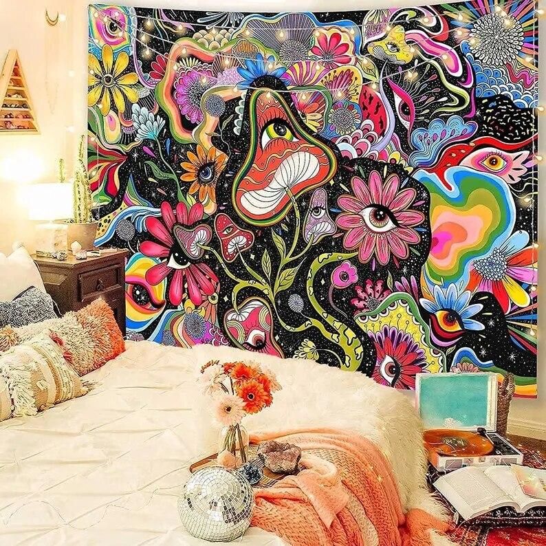 Colorful Hippy Eye Tapestry Trippy Tapestry Wall Hanging Psychedelic Mushroom Tapestries   Room Bedroom Home Party Wall Photo