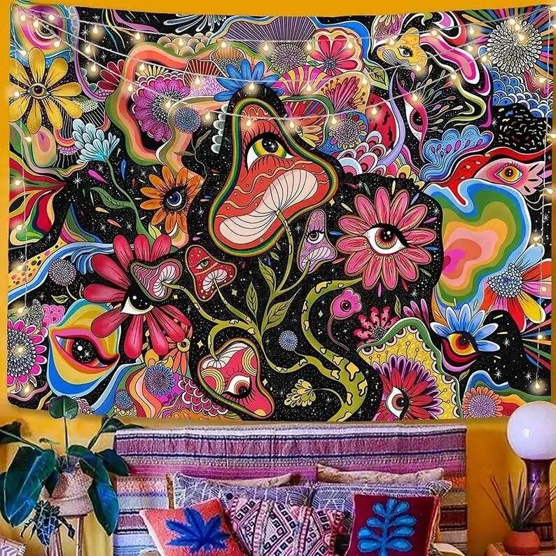 Colorful Hippy Eye Tapestry Trippy Tapestry Wall Hanging Psychedelic Mushroom Tapestries   Room Bedroom Home Party Wall Photo