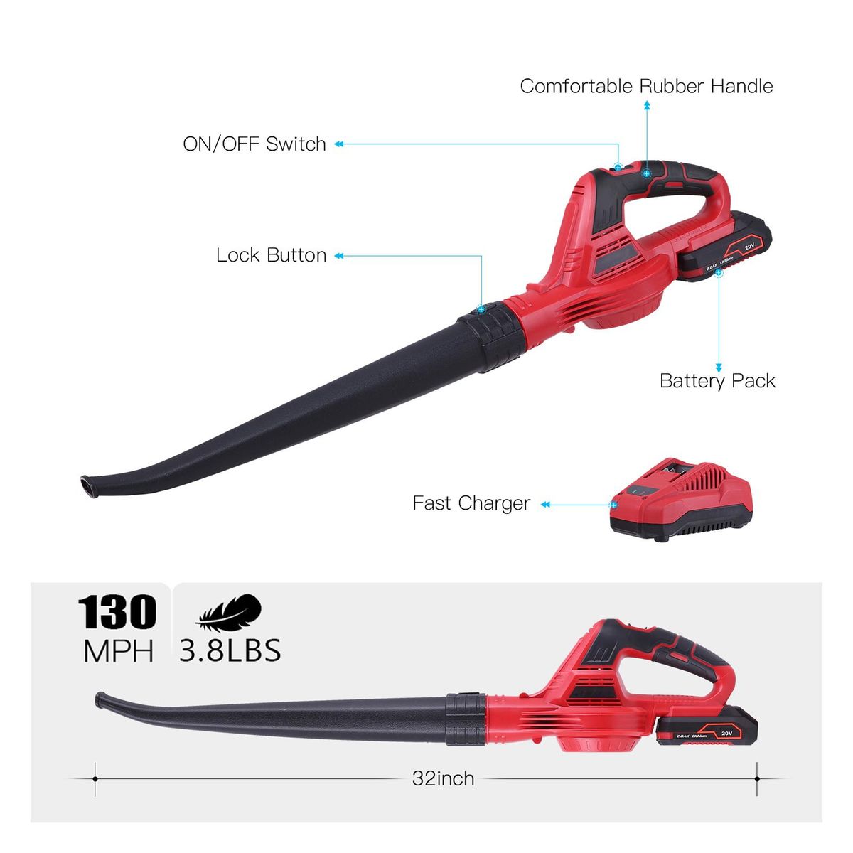 Cordless Leaf Blower 20V Electric Leaf Blower 2.0Ah Lithium Battery and Charger Included for Clearing Leaf & Detritus Sweeping Snow Patio/Deck/Garden Cleaning Garage Dusting