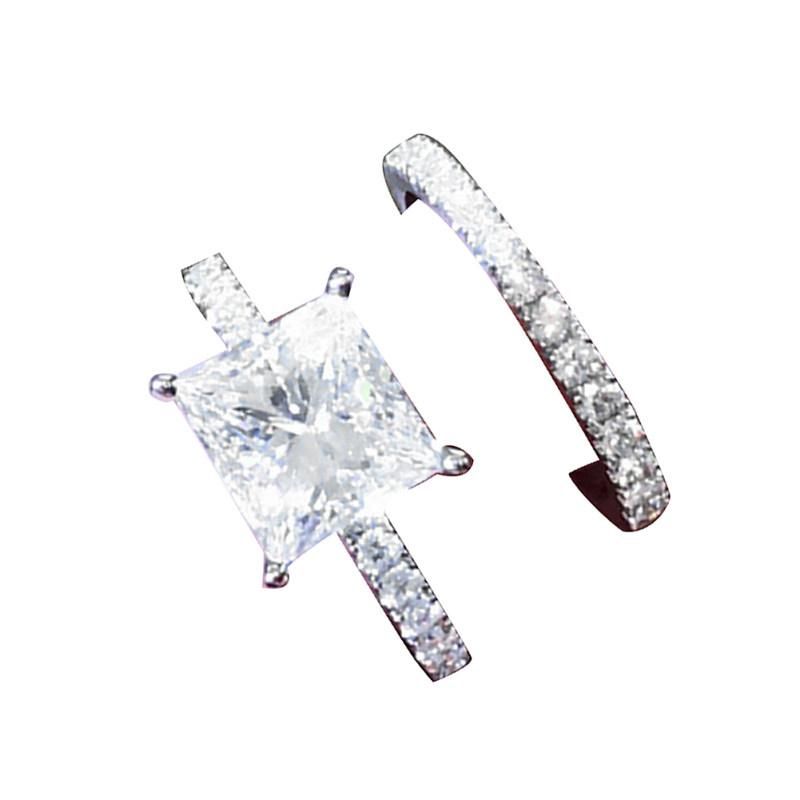 2Pcs/Set Square Rhinestone Stacking Ring Wedding-Silver