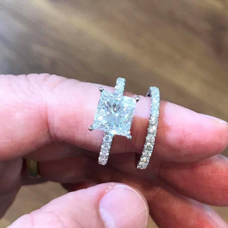 2Pcs/Set Square Rhinestone Stacking Ring Wedding-Silver
