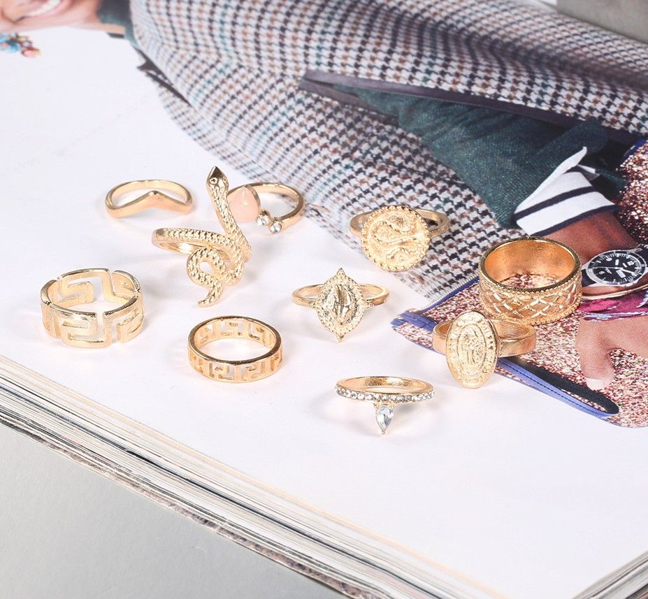 10-piece Knuckle Ring Set For Ladies Fashionable Personality Exaggerated - Gold