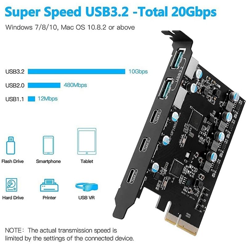 PCIe To USB 3.2 Gen 2 Adapter Card PCI Express Expansion Card PCI-E Add-on Cards Riser For PC