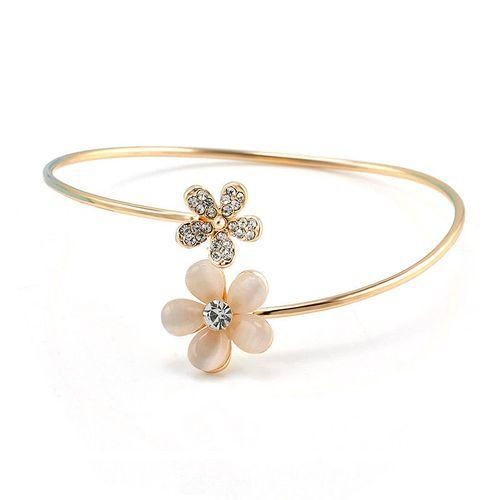 New Women Gold Flower Rhinestone Crystal Opal Bangle Cuff
