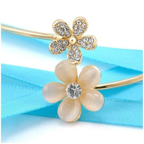 New Women Gold Flower Rhinestone Crystal Opal Bangle Cuff