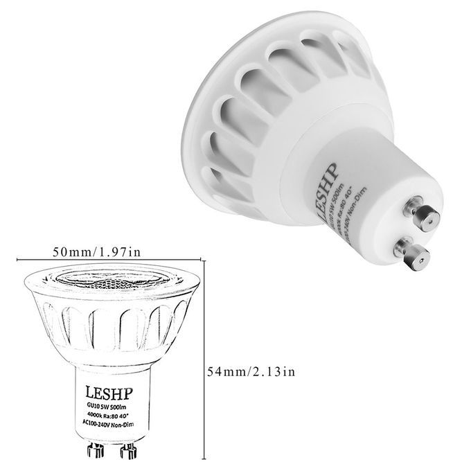 LESHP GU10 AC100-240V 5W LED Spotlight 4000K 500LM Non-Dimmable 40° Beam Angle White