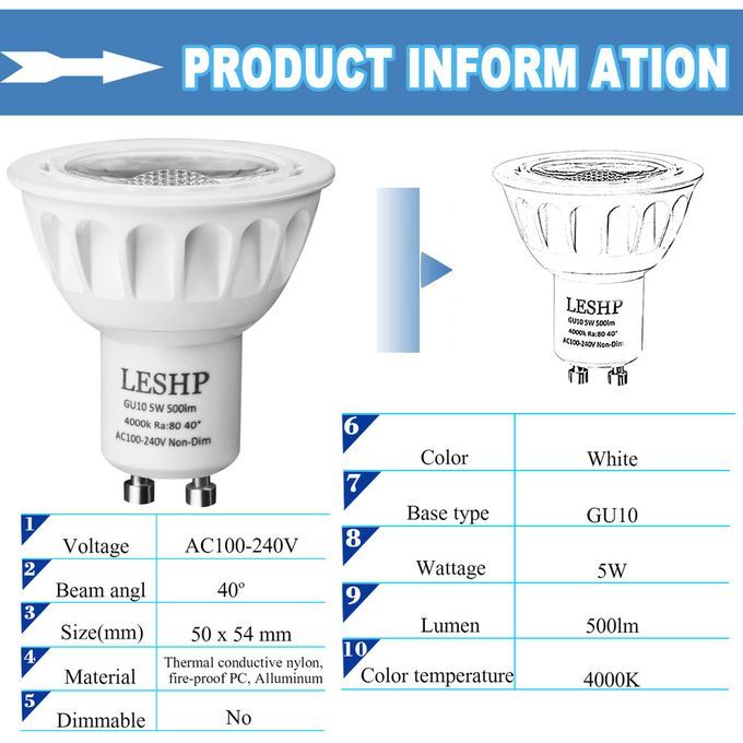 LESHP GU10 AC100-240V 5W LED Spotlight 4000K 500LM Non-Dimmable 40° Beam Angle White