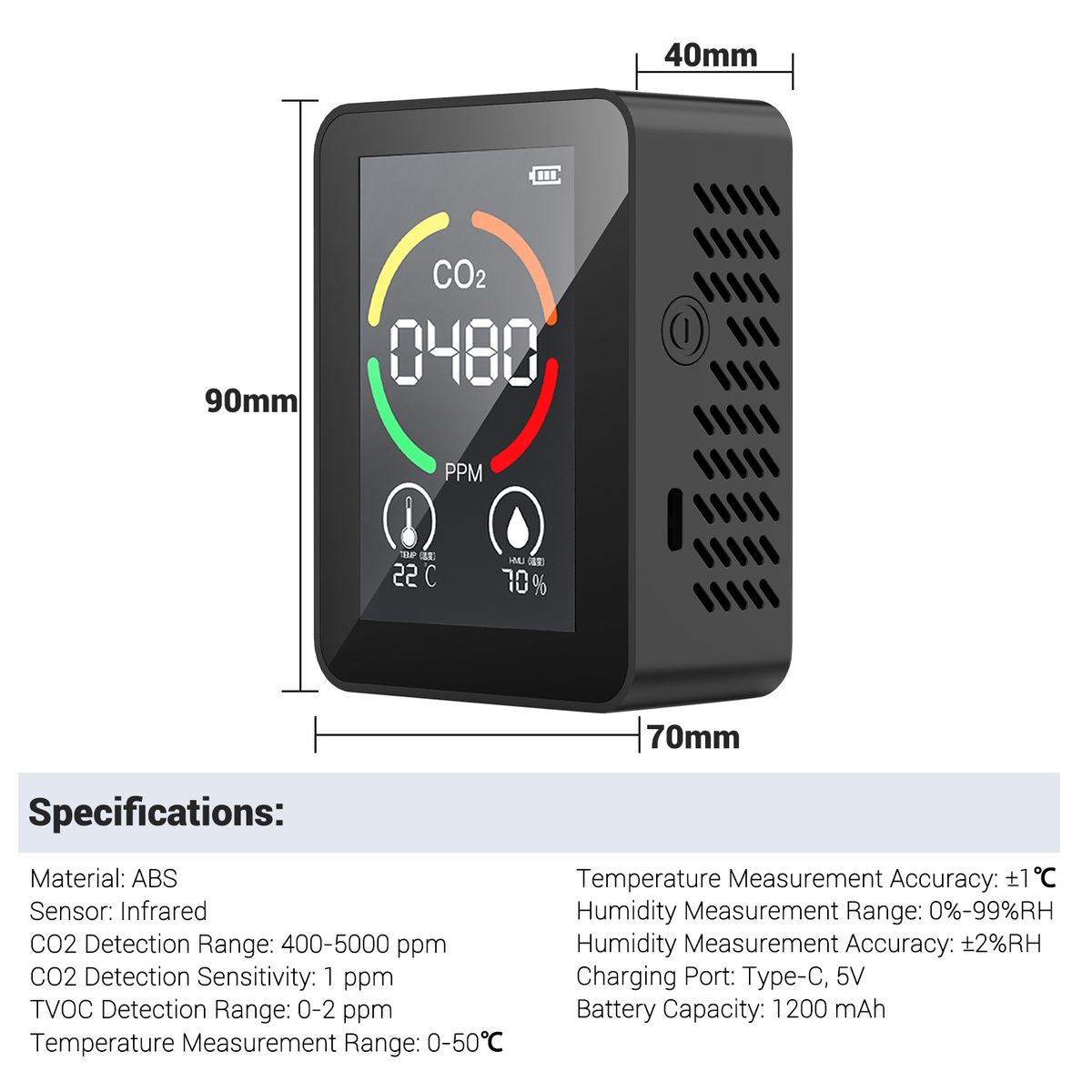 3-in-1 Infrared CO2 Temperature Humidity Monitor