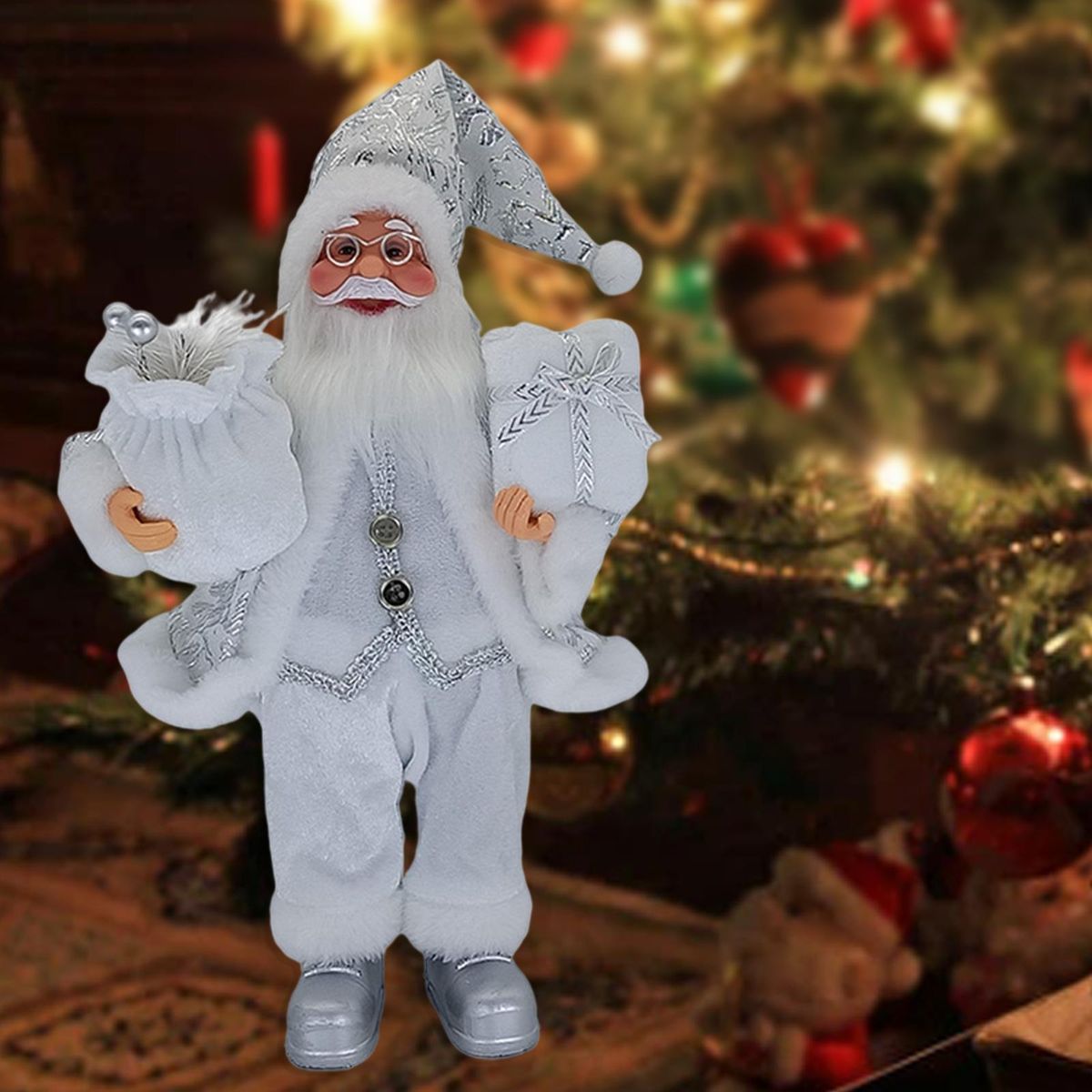 Santa Claus Snowman Doll Figurine Ornament Collectible Silver White