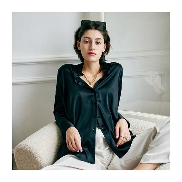 Womens Satin Silk Button Down Long Sleeve Work Shirt Top Dress-Black