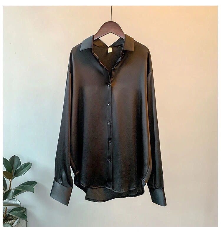 Womens Satin Silk Button Down Long Sleeve Work Shirt Top Dress-Black