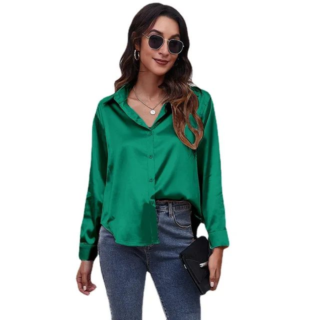 Satin Silk Button Down Long Sleeve Corporate Blouse Top Shirt For Female-Green