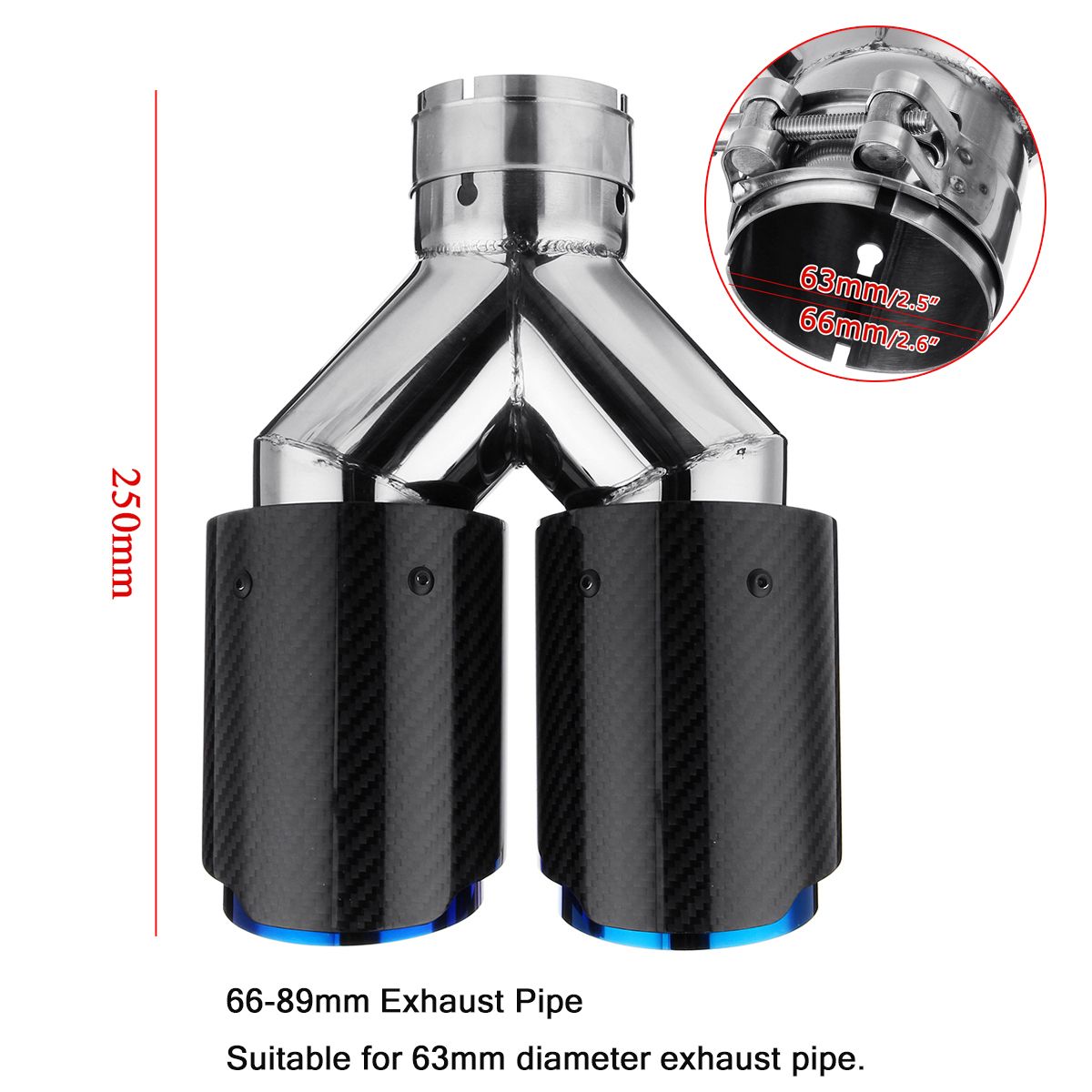 66mm Inlet 89mm Outlet Glossy Carbon Fiber Dual Exhaust Pipe Tail Muffler Tip
