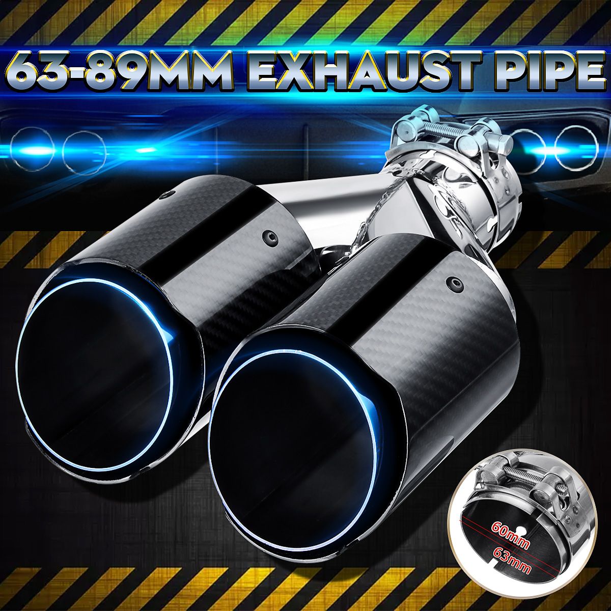 63mm Inlet 89mm Outlet Glossy Carbon Fiber Dual Exhaust Pipe Tail Muffler Tip