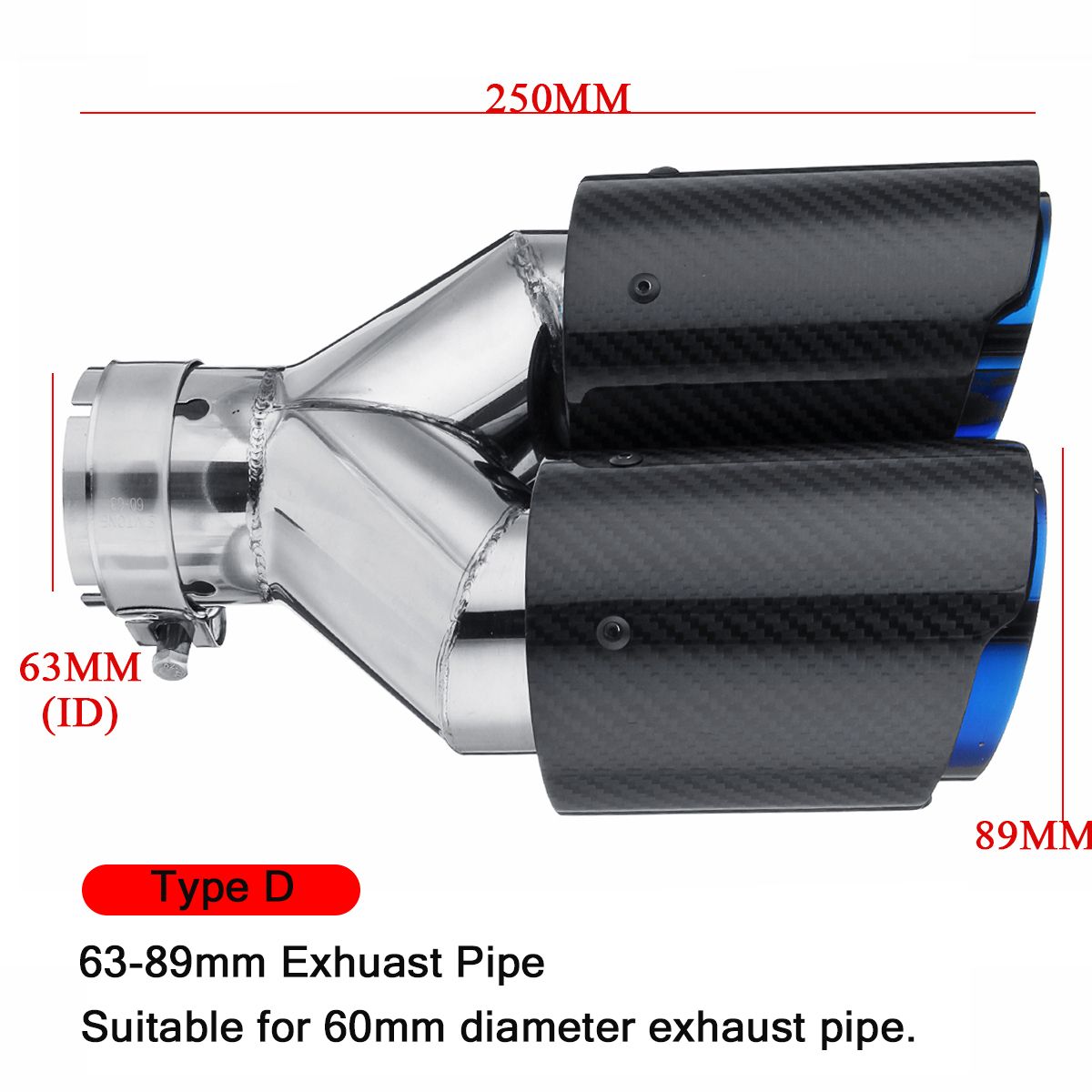 63mm Inlet 89mm Outlet Glossy Carbon Fiber Dual Exhaust Pipe Tail Muffler Tip