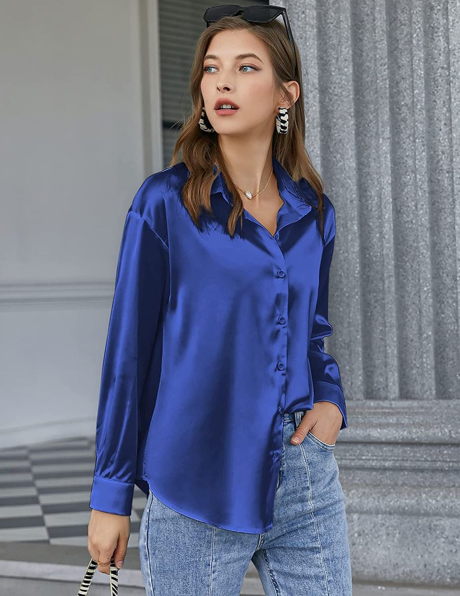 New Women Ladies Satin Silk Long Sleeve Button Down Top Blouse Shirt -Royal Blue