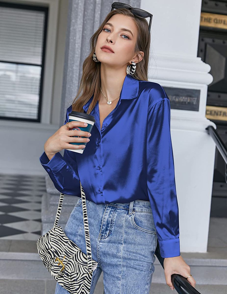 New Women Ladies Satin Silk Long Sleeve Button Down Top Blouse Shirt -Royal Blue