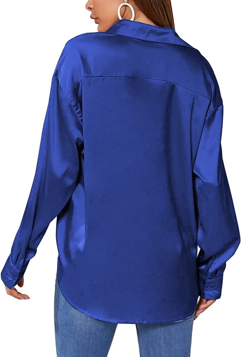 New Women Ladies Satin Silk Long Sleeve Button Down Top Blouse Shirt -Royal Blue