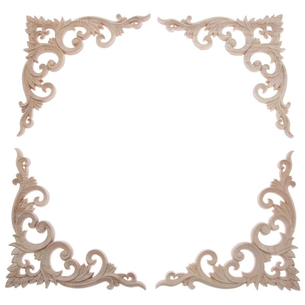 4Pcs/Set Wood Carved Corner Onlay Applique Unpainted Frame