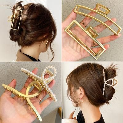 Women's one-word clip gold foreign style retro geometric pearl clip Korean style gentle wind clip Golden large rectangle