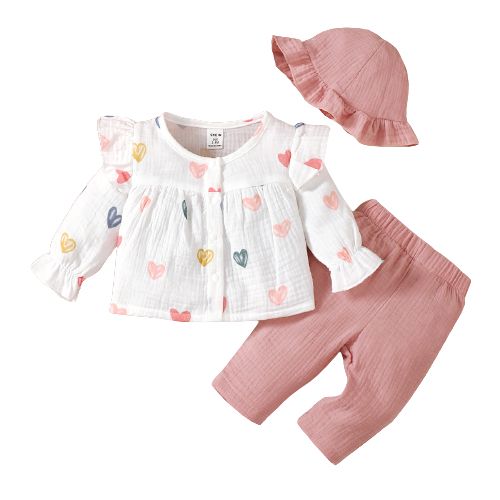 Baby Girl Love Print Long Sleeve Solid Color Pants Set + Hat
