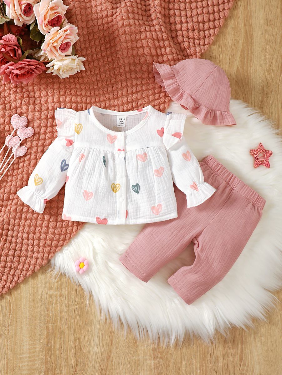 Baby Girl Love Print Long Sleeve Solid Color Pants Set + Hat