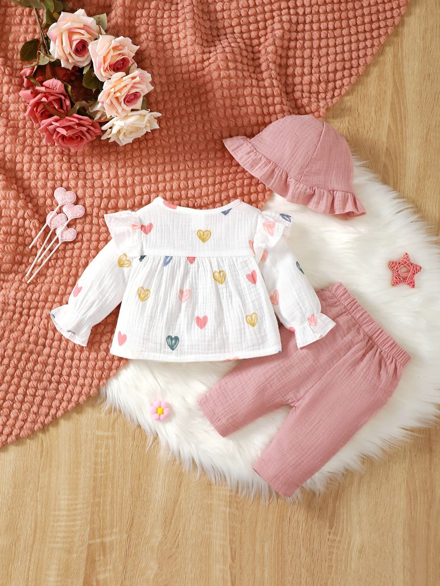 Baby Girl Love Print Long Sleeve Solid Color Pants Set + Hat