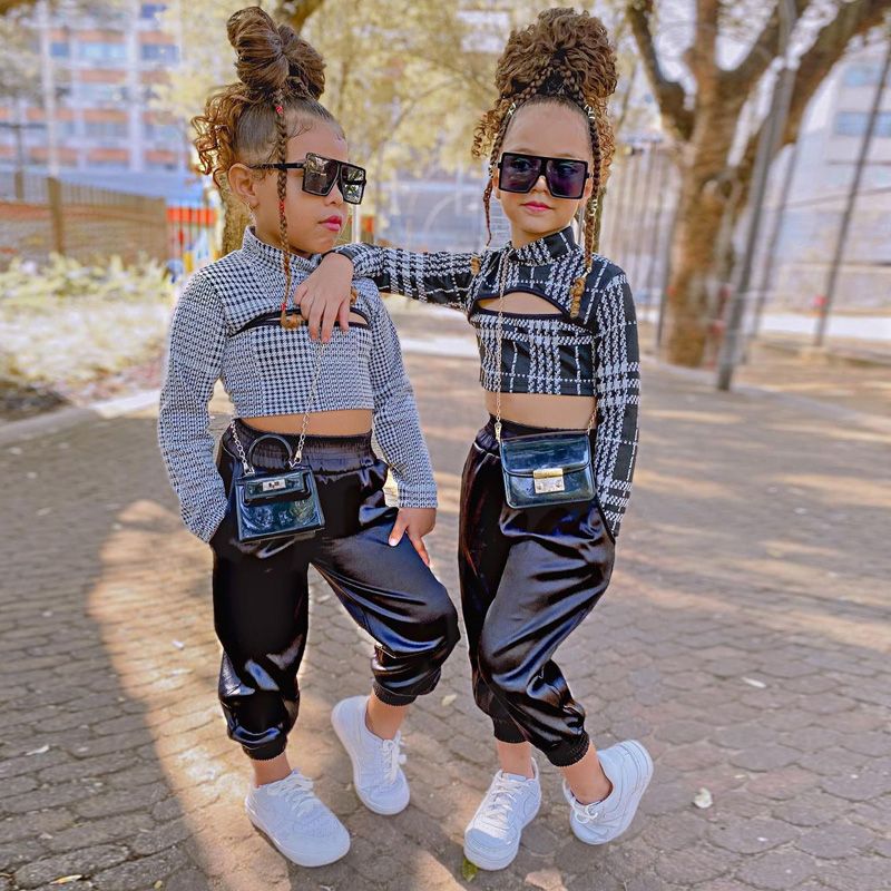 Girls' 2Pieces Pants Set Houndstooth Pattern Plaid Comfortable Clothing- Black